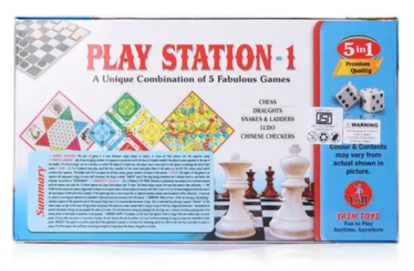 Yash Toys | 5 in 1 Play Station 1 Game - Multicolor - Multi, No, No, Cardboard, Paper, L 23 x B 39.5 x H 5 cm, Yash Toys, 250 grams, This set includes chess, draughts, snakes & ladders, Ludo, Chinese checkers Promotes child's cognitive development Develops social skills and communication as it is a group activity, 1 Board Game, Unisex, 6+ Years, Brand - Yash Toys Type - Board game Age - 6 Years+ Players - 2 to 4 Material - Cardboard Box Dimensions - L 23 x B 39.5 x H 5 cm
