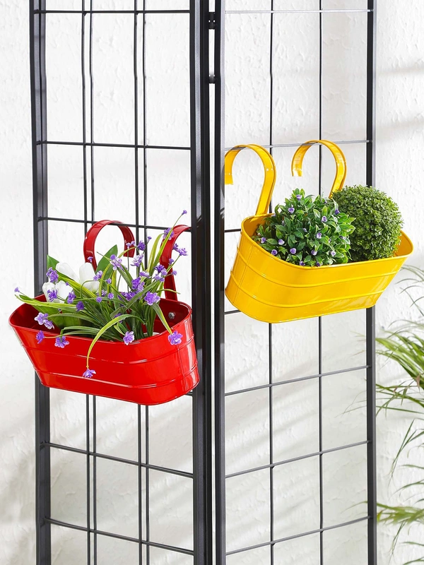 Set of two Oval Railing Planter Large Yellow & Red