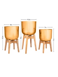 Set of Three Copper Pots with Wooden Stands